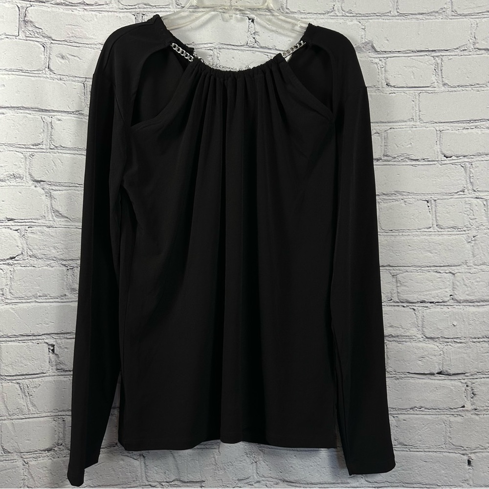 Michael Kors Chain Blouse Cut Out Long Sleeve Stretch Silver & Black L NWT